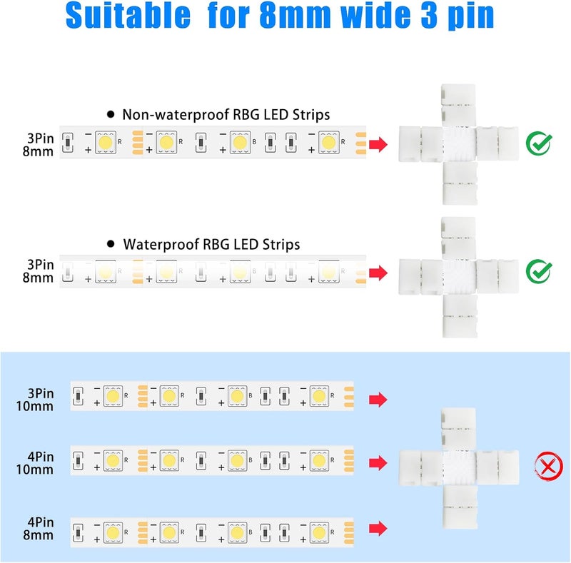 Yetaida 10PCS 3-Pin LED Strip Connectors, 8mm X-Shaped Corner Light Connectors Solderless, Extendable Terminal Adapters for WS2811 WS2812 WS2812b RGB LED Strip Lights, Ideal for Various DIY Projects - Image 5
